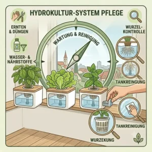Illustration of a water level indicator on a small hydroponik windowsill system for easy maintenance.