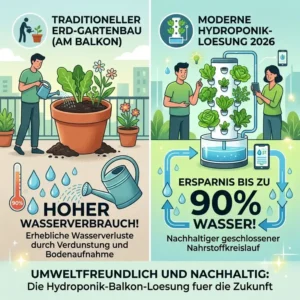 Infografik zum Wassersparen mit einer umweltfreundlichen Hydroponik-Balkon-Loesung 2026.