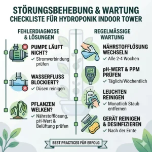 Wartungs- und Checkliste zur Fehlerbehebung für einen hydroponik indoor tower test.