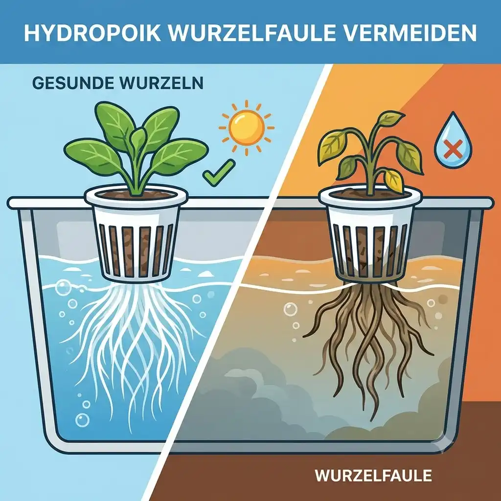 Visual comparison of healthy white roots and diseased brown roots to show how to hydroponik wurzelfäule vermeiden.