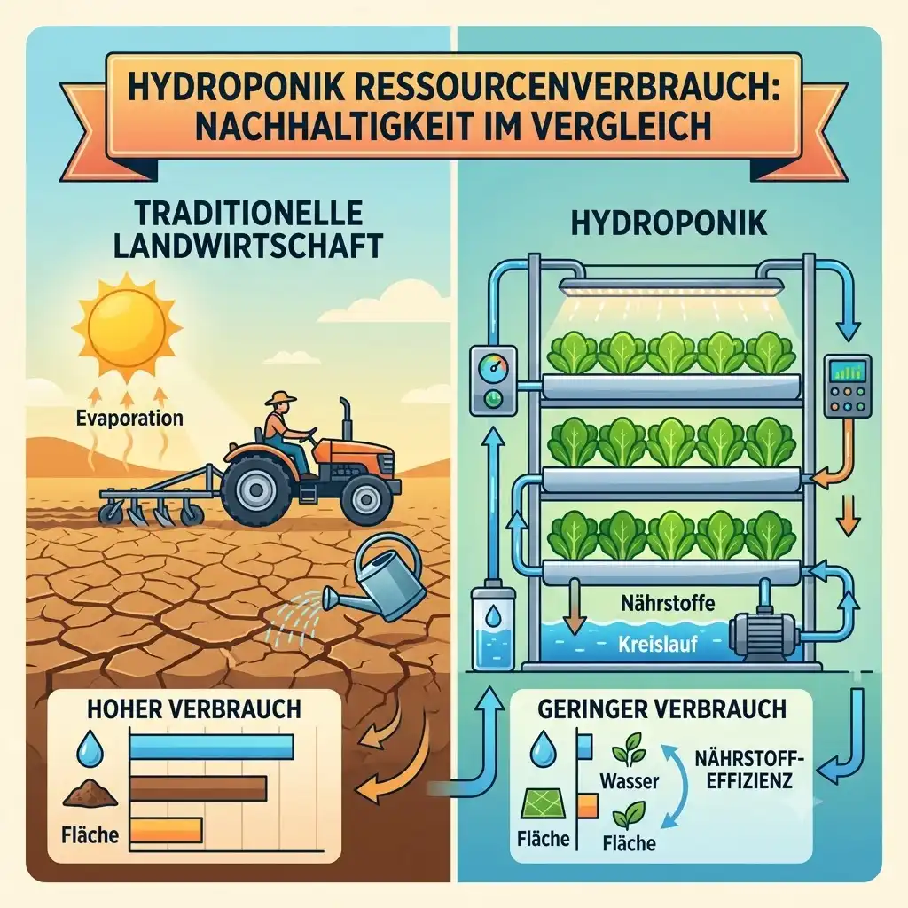 A comprehensive visual comparison of resource use, showcasing how a hydroponik system reduces resource consumption and efficiency compared to soil farming.