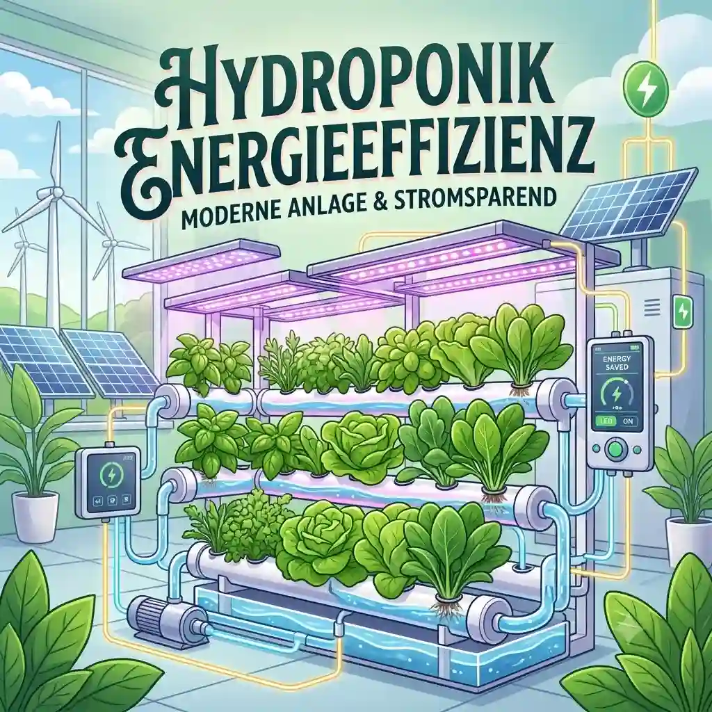 A modern, professional hydroponic vertical farming system emphasizing hydroponik energieeffizienz through optimized LED grow lights, automated water pumps, and renewable energy integration with solar panels and wind turbines.