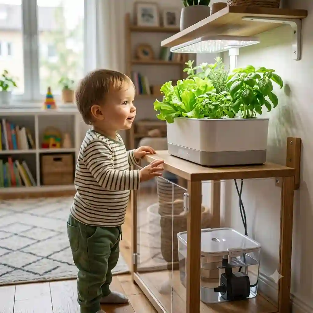 A toddler reaches towards a safe, elevated, child-proof hydroponic system, illustrating how to hydroponik kindersicher machen with a safety enclosure.