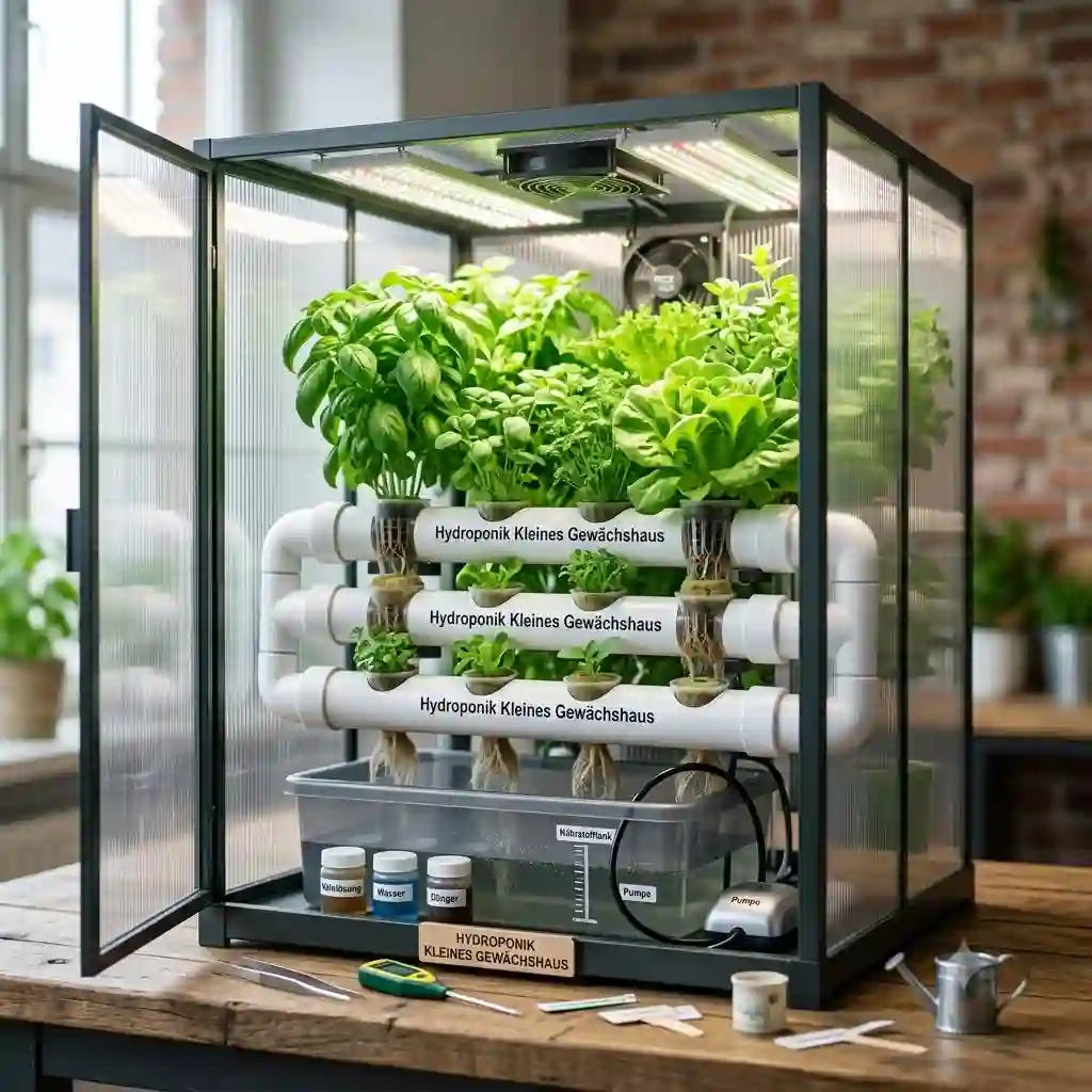 A fully functional, hydroponik kleines gewächshaus with an automatic watering system and LED grow lights.