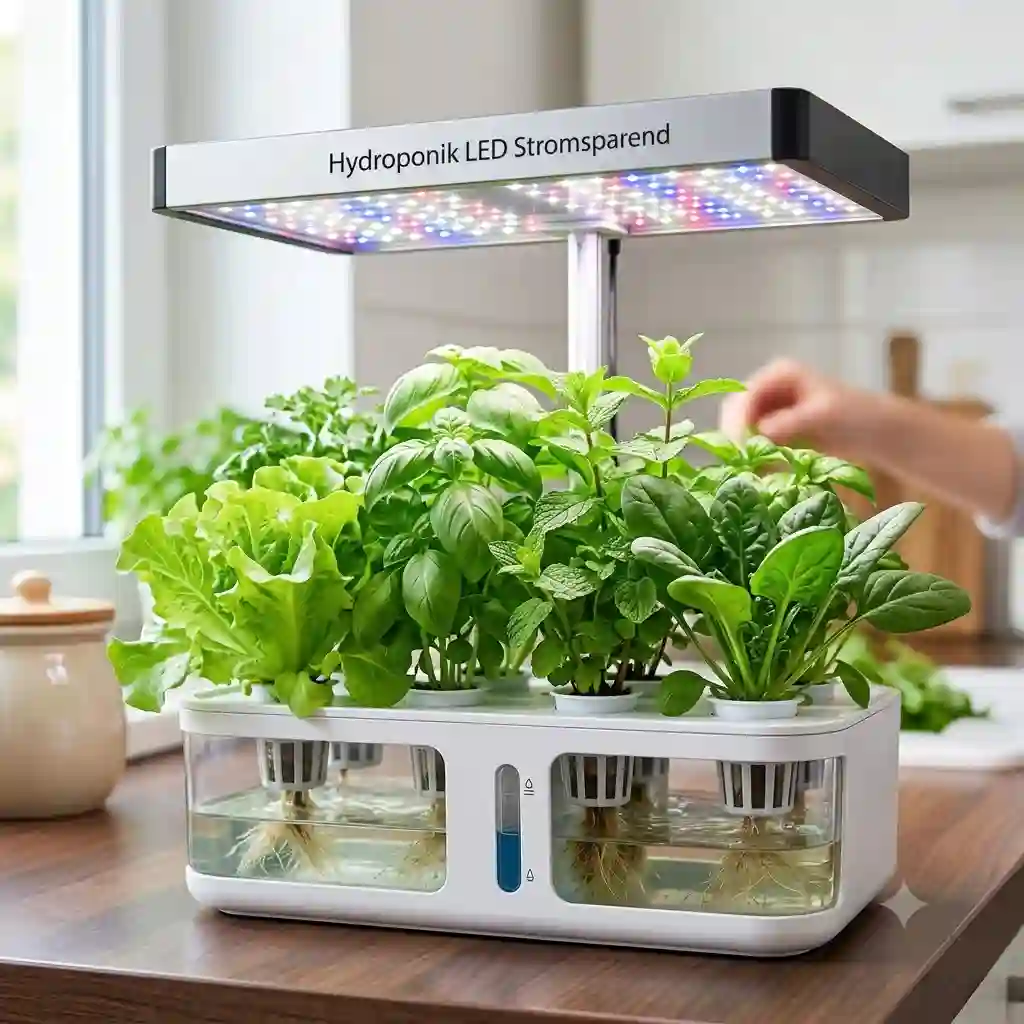 A modern home hydroponic system with vibrant green lettuce illuminated by a hydroponik LED stromsparend panel.