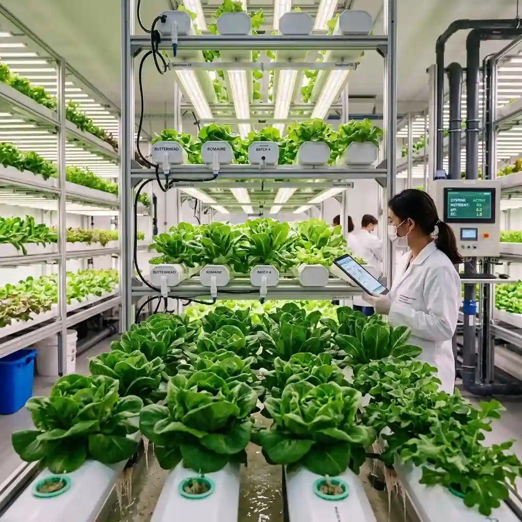 A comprehensive hydroponik nachhaltigkeit test showing fresh green lettuce growing inside a modern indoor farming system.