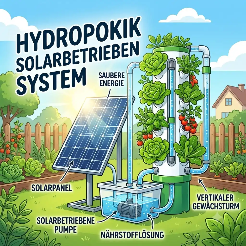A complete hydroponik solarbetrieben system in a garden with a solar panel and growing lettuce.