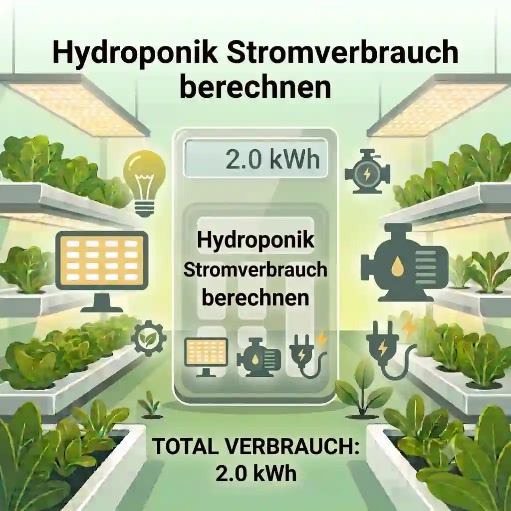 A clean illustration of a modern indoor growing system and a smartphone with an online calculator, showing the result of how to calculate hydroponic power consumption.hydroponik stromverbrauch berechnen