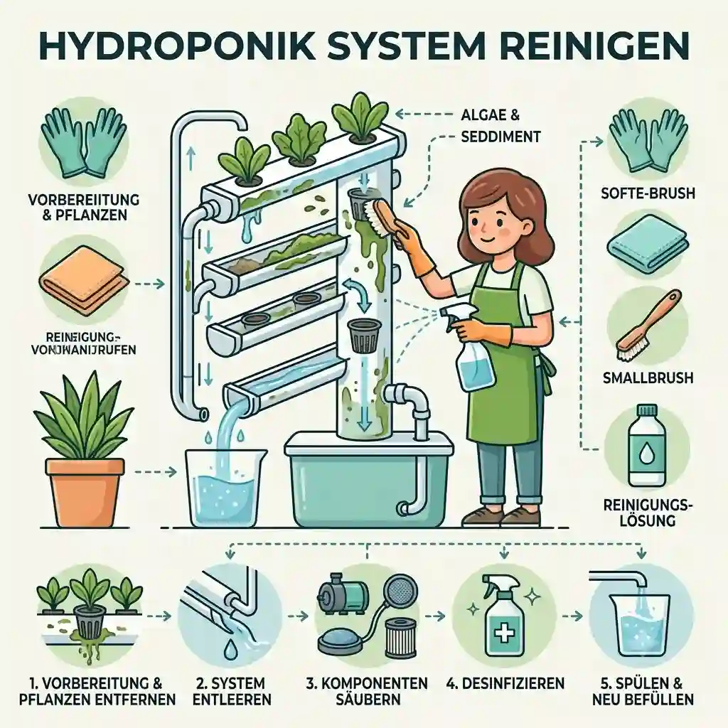 A person thoroughly cleaning a hydroponic system with a brush to remove algae and deposits.hydroponik system reinigen