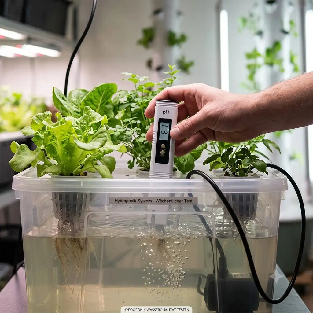 A hand holding a digital tester in the nutrient reservoir while performing a hydroponik wasserqualität testen for the system.