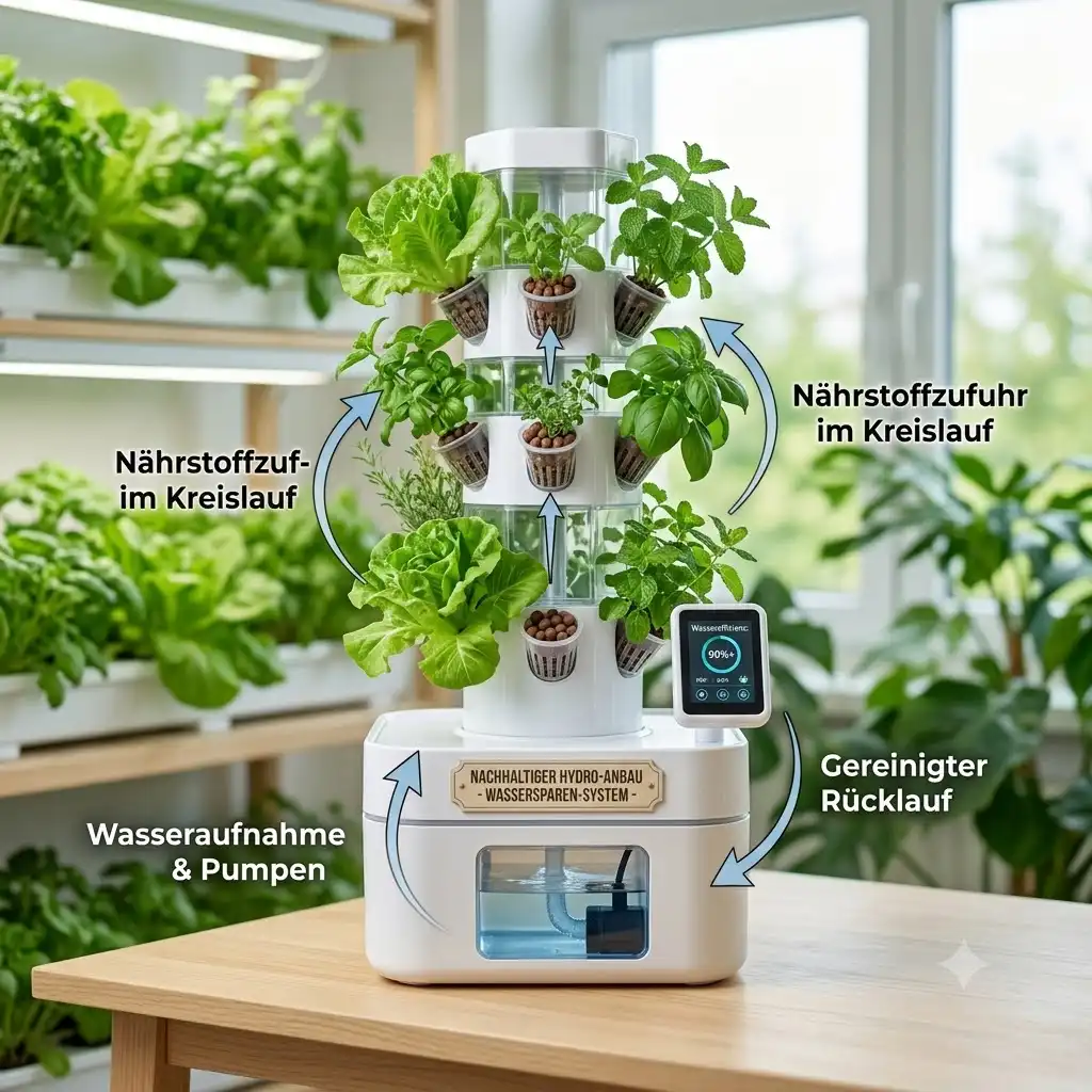 A professional hydroponik wassersparen system showing a complete sustainable plant growth setup.