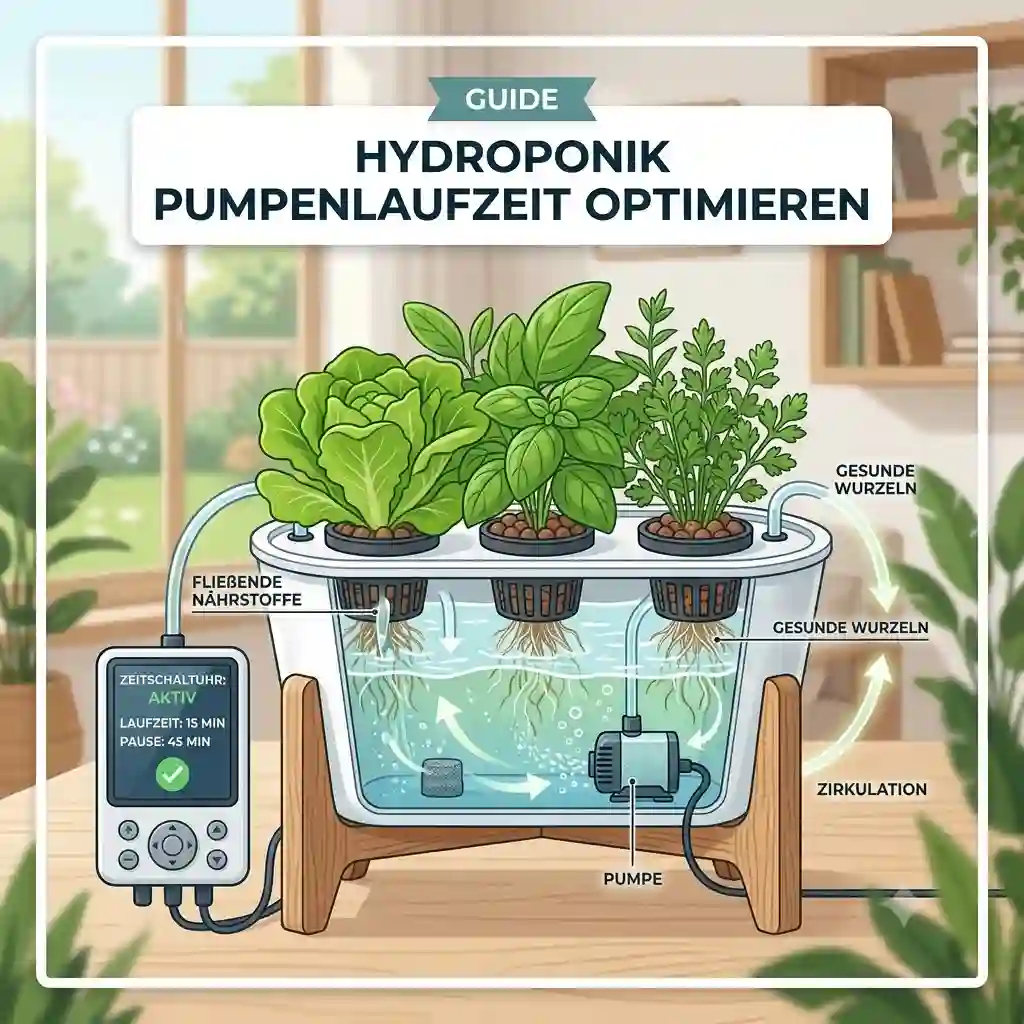 A modern indoor hydroponic system with an active pump, demonstrating how to start optimizing hydroponic pump runtimes.hydroponik pumpenlaufzeit optimieren