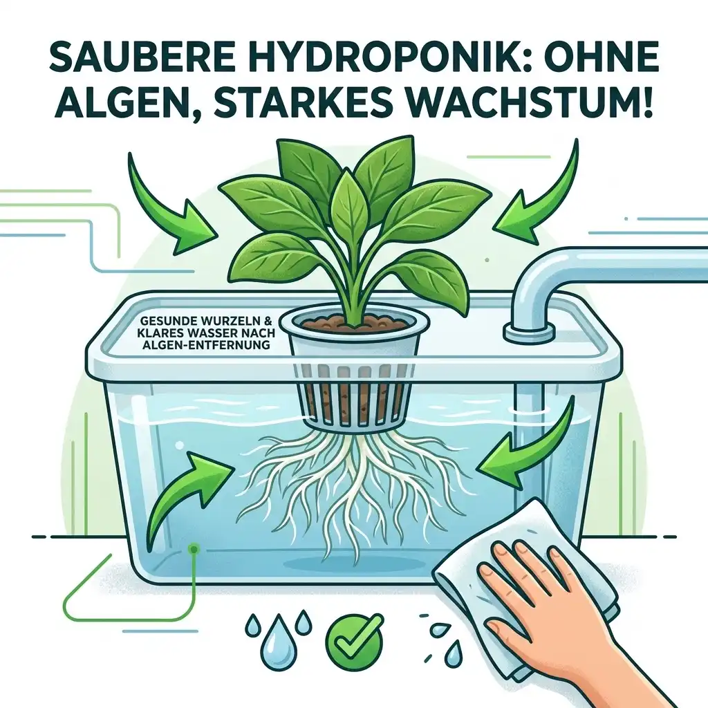 Ein sauberer Hydroponik-Aufwerter mit gesundem Wurzelwerk nach dem erfolgreichen Entfernen von grünen Algen.