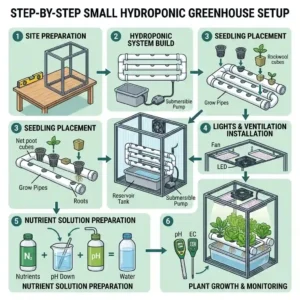 Setup infographic for a hydroponik kleines gewächshaus with multiple levels for plants.