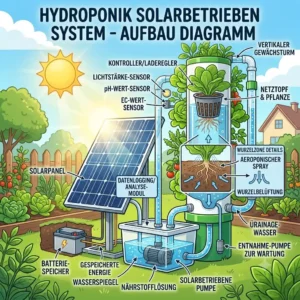 Infographic showing the structure of a hydroponik solarbetrieben system with water tank, pump, and solar panel.