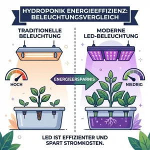 A detailed comparative infographic on hydroponik energieeffizienz, visually contrasting high energy consumption from traditional HPS lighting with low energy consumption from modern, sustainable LED grow lights.