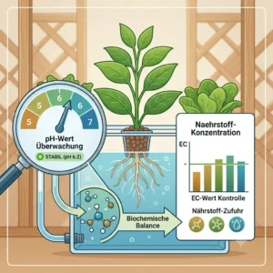 Infographic showing pH and nutrient monitoring to ensure hydroponik langzeit stabilität in the system.