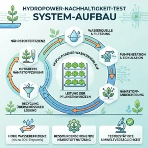 An infographic detailing a hydroponik nachhaltigkeit test with a diagram explaining water circulation and nutrient efficiency.