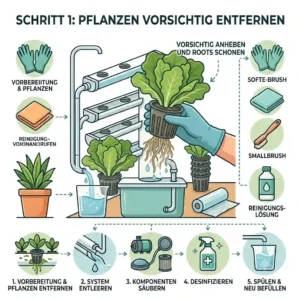A schematic illustration showing how to carefully remove plants from the hydroponic system for cleaning.