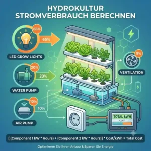 A system overview graphic breaking down the power consumers (LED grow lights, water pump) to calculate hydroponic power consumption.