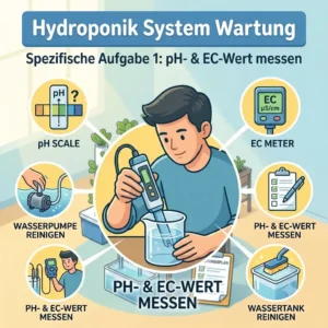 Gärtner misst pH-Wert und EC-Wert während der Hydroponik System Wartung.