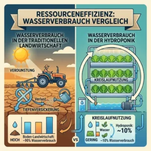 An infographic illustration that compares the dramatically lower water use of a hydroponik system against traditional soil farming.