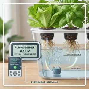 An infographic detailing timer settings and scheduling intervals, crucial for optimizing hydroponic pump runtimes in an ebb and flow system.