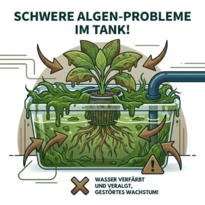 Dicke Schicht aus grünen Algen im Wassertank und an den Netztöpfen eines Hydroponik-Systems.