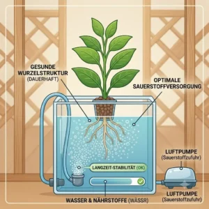 Illustration of healthy root structures with optimal oxygenation for hydroponik langzeit stabilität.