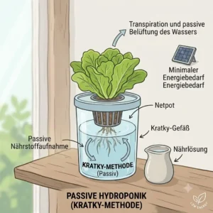 Illustration of the Kratky method for a passive hydroponik low energy setup requiring no electricity.
