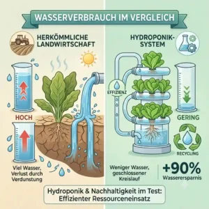 A comparative chart for a hydroponik nachhaltigkeit test highlighting significant water savings compared to traditional farming.