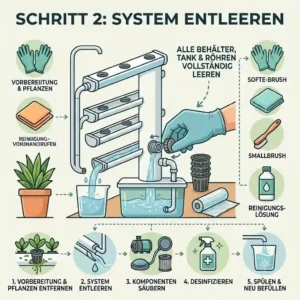 Illustration of a hydroponic water tank being completely drained for the cleaning process.