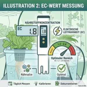 A digital EC meter showing nutrient concentration as part of a routine hydroponik wasserqualität testen.