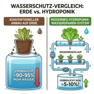 Infographic comparing soil cultivation to a modern hydroponik wassersparen system.