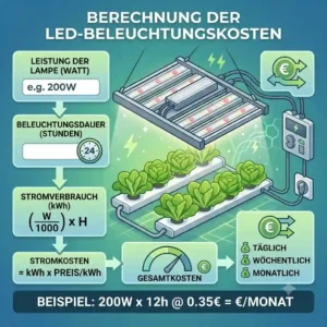 A focused diagram showing a powerful LED grow light over plants with an electric meter, explaining the wattage part of the equation to calculate hydroponic power consumption