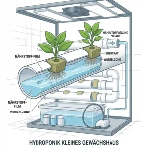 Technical illustration of an NFT system in a hydroponik kleines gewächshaus for nutrient supply.