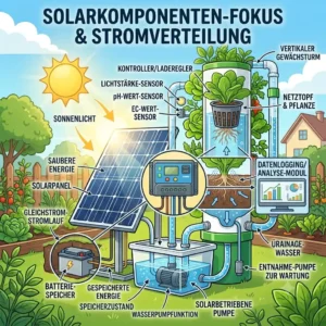 A small solar panel powering the water pump for a hydroponik solarbetrieben system with clean energy.