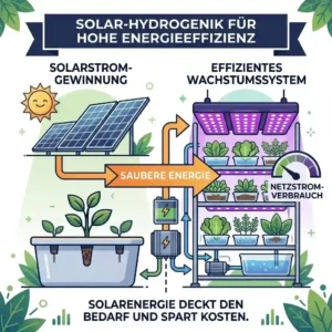 A comprehensive illustration showing a modern solar-powered hydroponics system designed for high hydroponik energieeffizienz, with solar panels feeding clean energy into a smart control unit that powers purple LED grow lights.