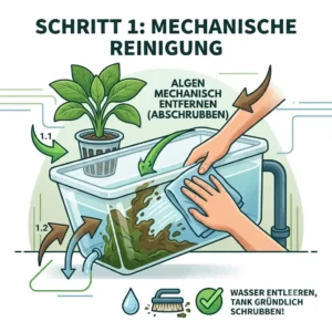 Schritt-für-Schritt-Anleitung zum Reinigen des Hydroponik-Tanks, um Algen mechanisch zu entfernen.