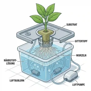 Cross-sectional illustration of the Deep Water Culture method for a hydroponik kleines gewächshaus.