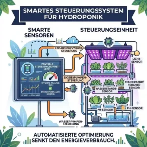 A square educational infographic for hydroponik energieeffizienz, depicting smart automation with multiple sensors—including pH, EC, temperature, and light—all connected to a central control unit (ECU) for real-time monitoring.