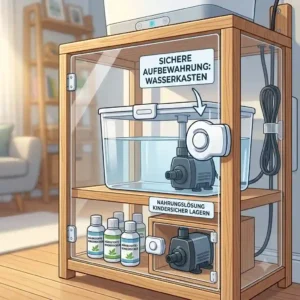 A close-up illustration of the secure, child-proof storage area with nutrient bottles and a locked water tank, designed to hydroponik kindersicher machen.