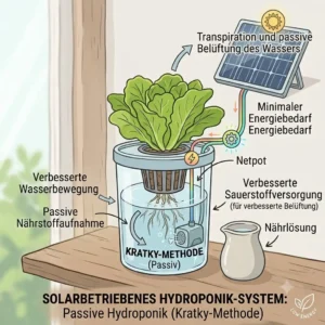 Conceptual illustration showing a solar-powered system integrated into a hydroponik low energy setup.