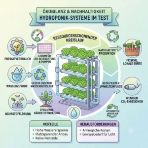 A diagram analysis of a hydroponik nachhaltigkeit test focusing on electricity usage, LED lighting, and overall eco-balance.