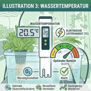 A water thermometer indicating the ideal temperature range for hydroponics during a hydroponik wasserqualität testen.