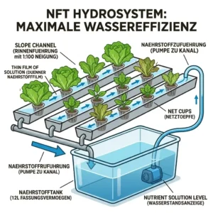 Technical illustration of an NFT hydroponik wassersparen system and nutrient film flow.