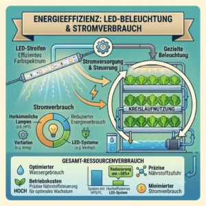 An illustration detailing the energy use and optimization for LED grow lights in a modern hydroponik setting.