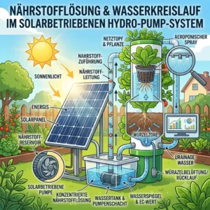 Illustration of the nutrient cycle in a solar-powered hydroponik solarbetrieben system.