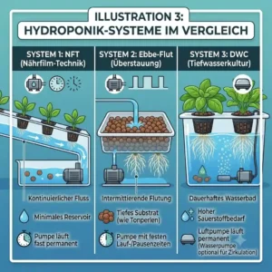 A comparative diagram of NFT, DWC, and Ebb & Flow system requirements, highlighting how different setups require optimizing hydroponic pump runtimes differently.