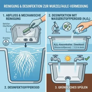 Step-by-step graphic illustrating thorough system cleaning and disinfection procedures required to hydroponik wurzelfäule vermeiden.